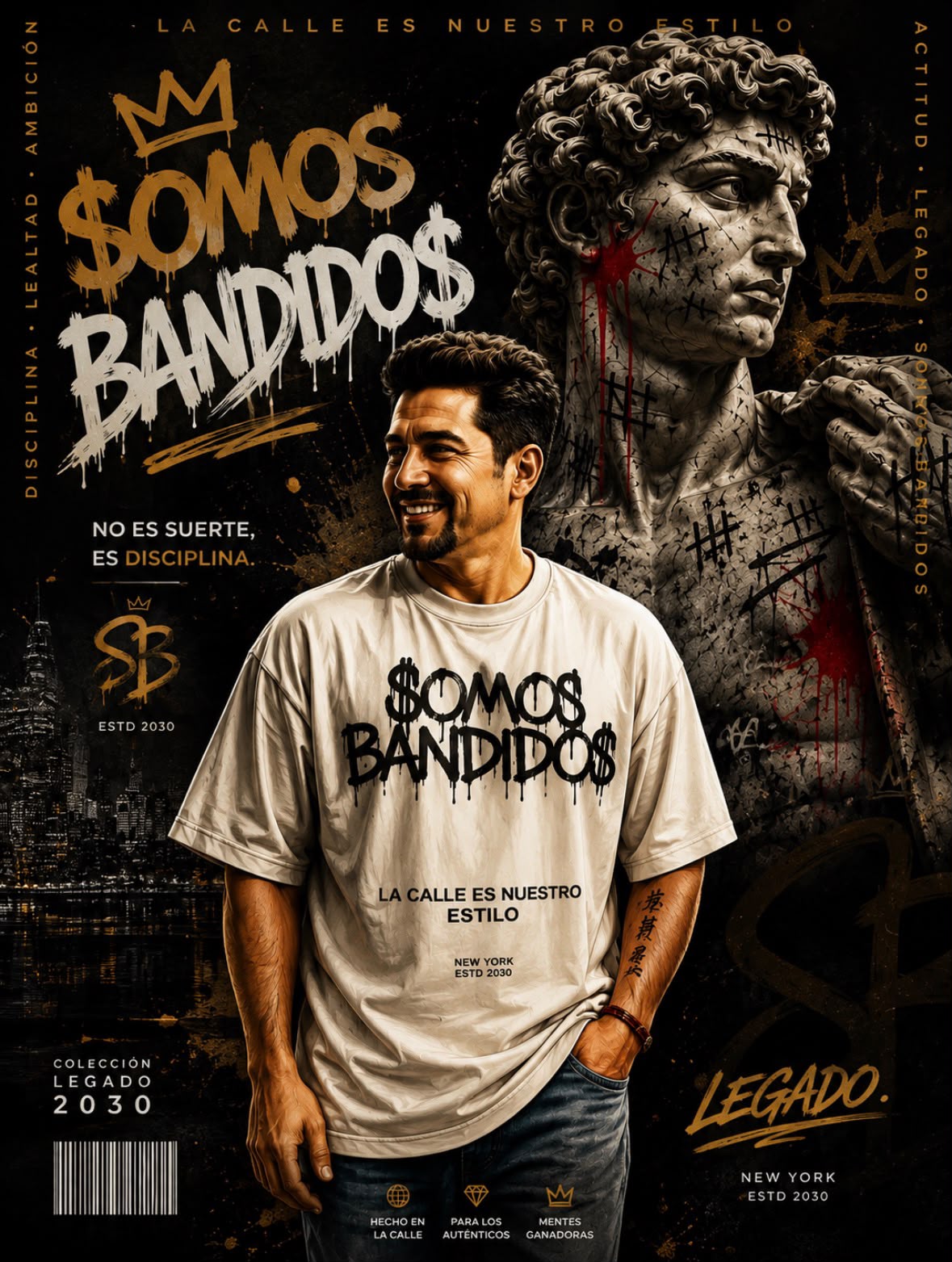 Cartel de la Colección Legado: estatua clásica intervenida con grafiti junto a una playera Somos Bandidos.